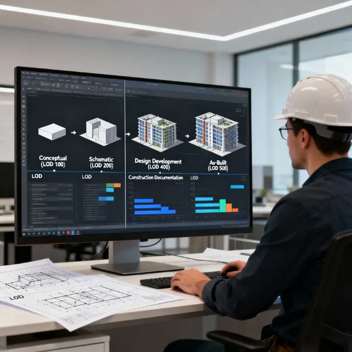BIM professional analyzing Levels of Development progression from LOD 100 to LOD 500
